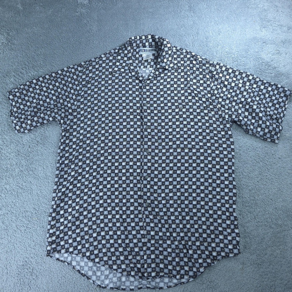 UNTIED Shirt Mens Large Blue Check Short Sleeve Button Up Rayon Casual Geometric